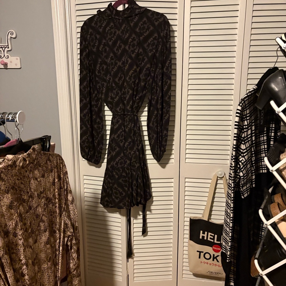 Kobi Halperin Black and grayish Long Sleeve Dress with waist tie.